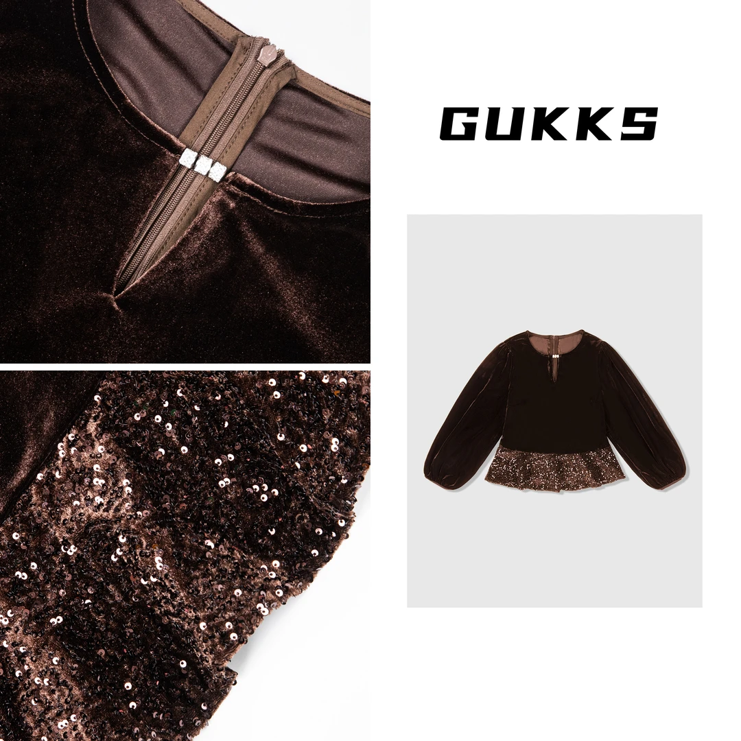 GUKKS秋季设计师款下摆拼接赫本风气质显瘦丝绒长袖上衣GK481