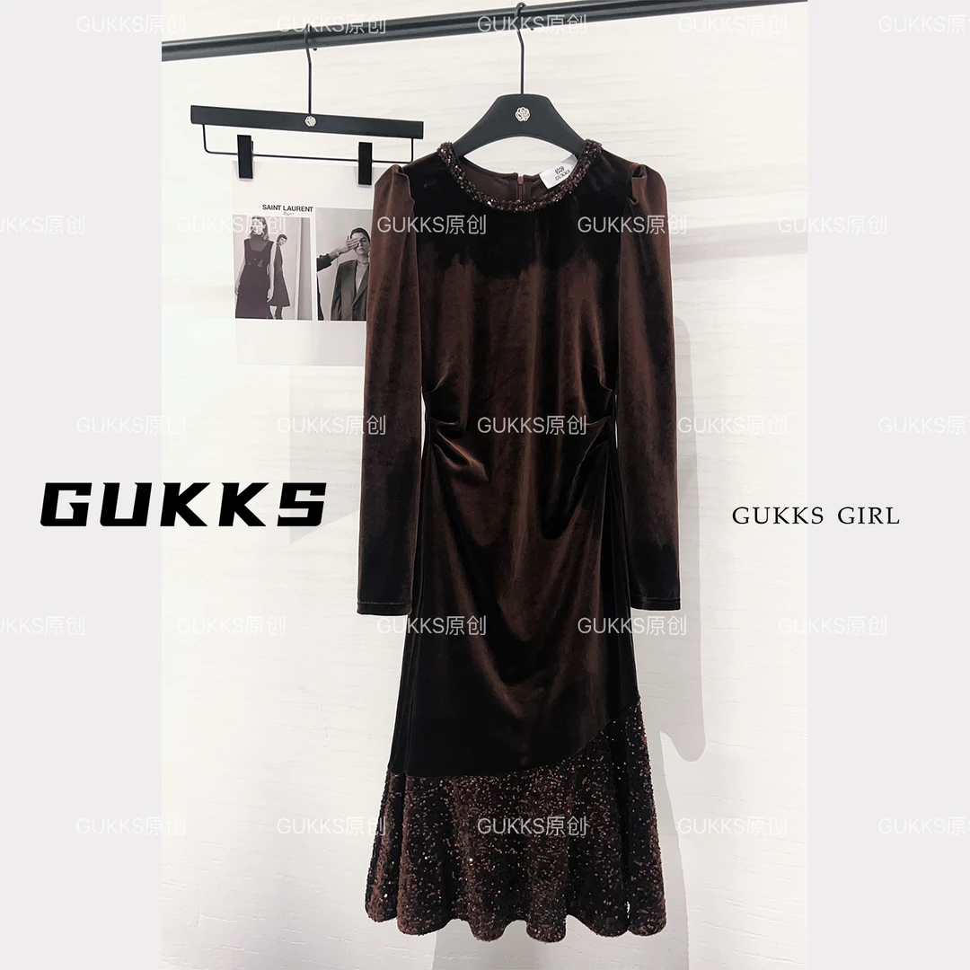 GUKKS法式秋冬新款鱼摆拼接珍珠片款重工百搭显瘦长袖连衣裙GK405