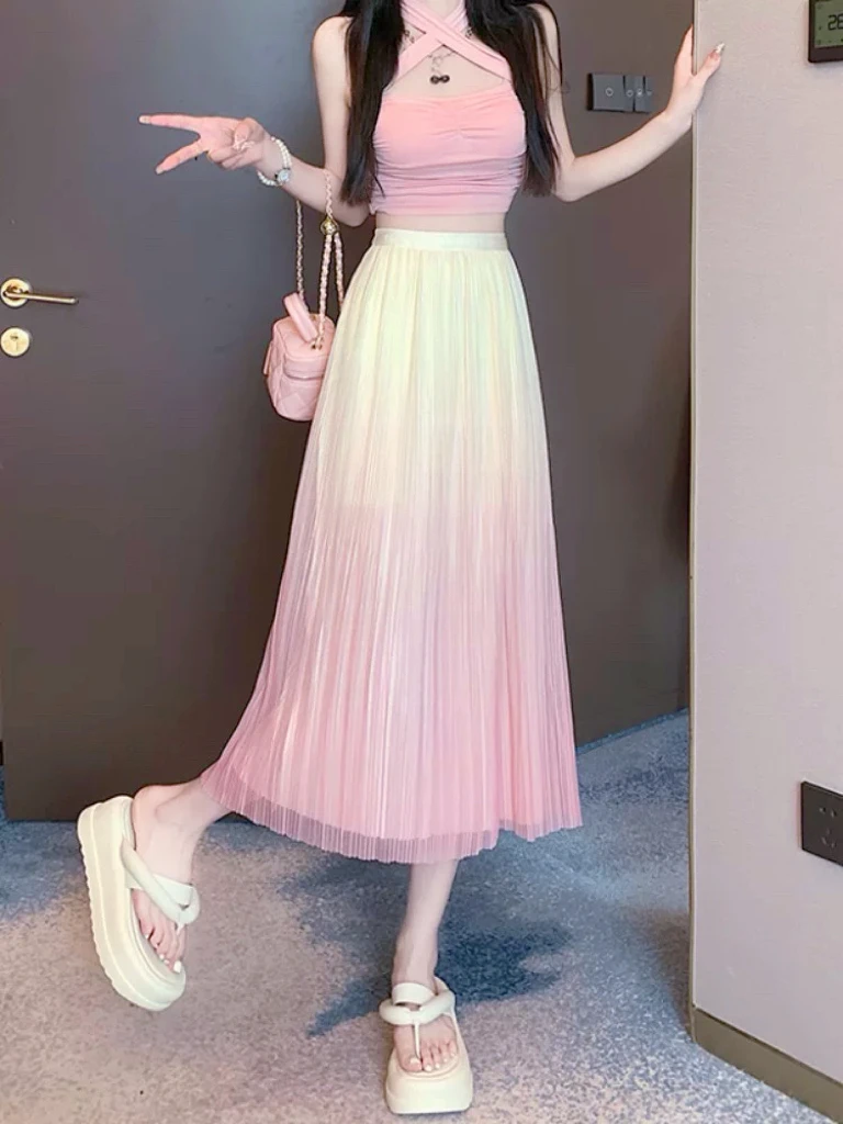 渐变色仙女纱裙2024秋冬中长款春秋季网纱a字百褶半身裙显瘦百搭