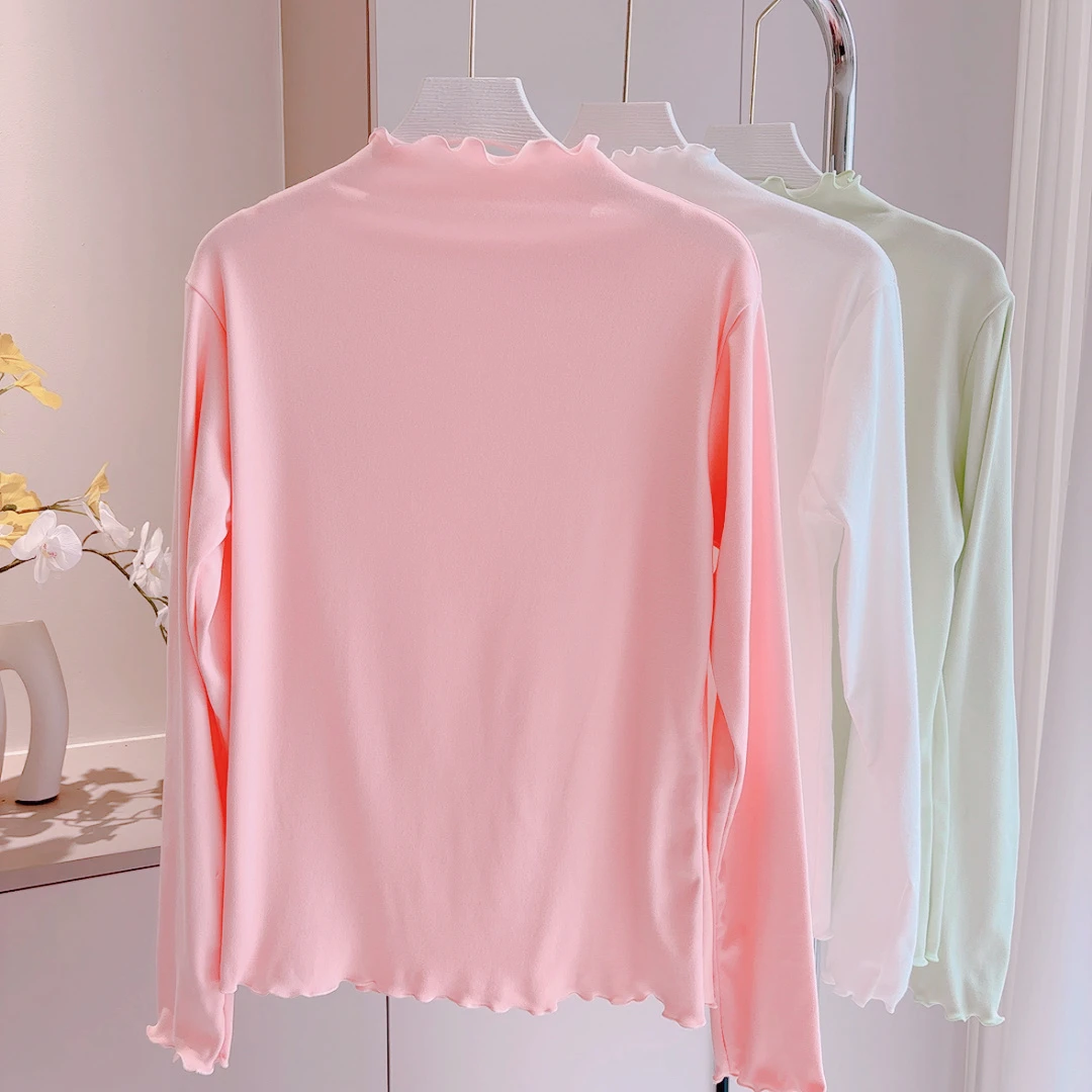 秋冬双面德绒新款女木耳花边半高领内搭长袖保暖打底衫