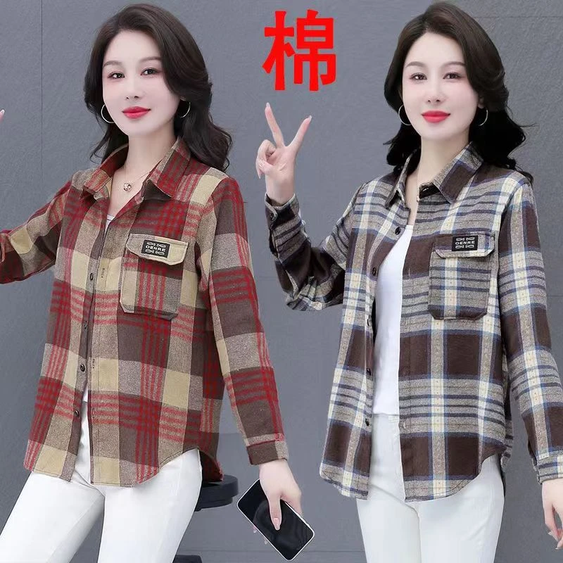 2023春季新款衬衫女长袖中年妈妈装经典格子衬衣宽松减龄上衣外套