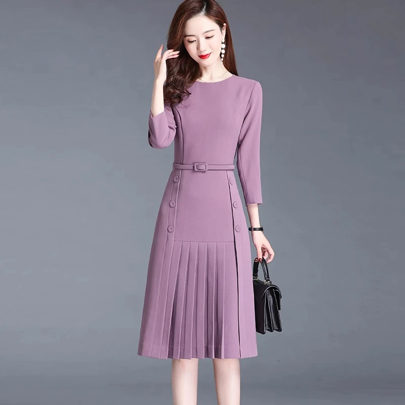 紫色长袖连衣裙女秋装2025年新款女装高端气质春秋季时尚百褶裙子