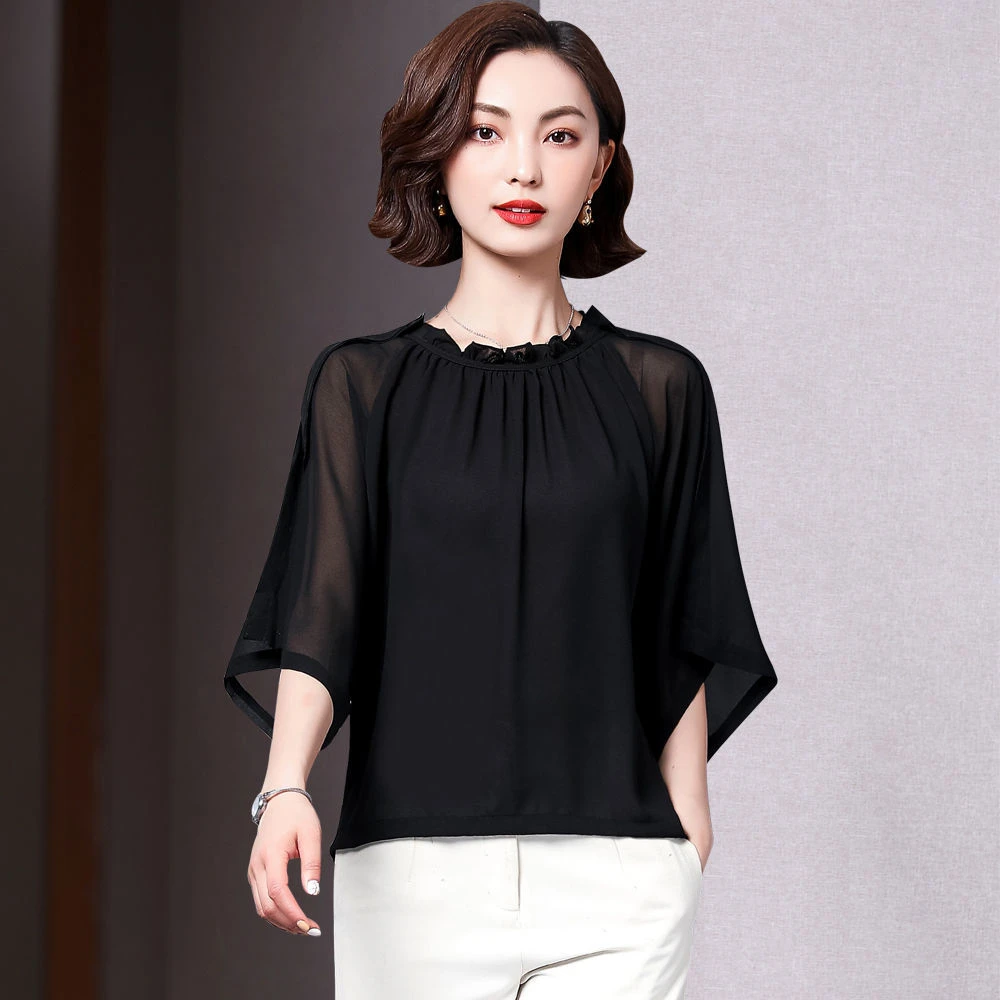 高档设计感短袖雪纺衫2024年夏季新款显瘦遮肚子洋气上衣精致小衫