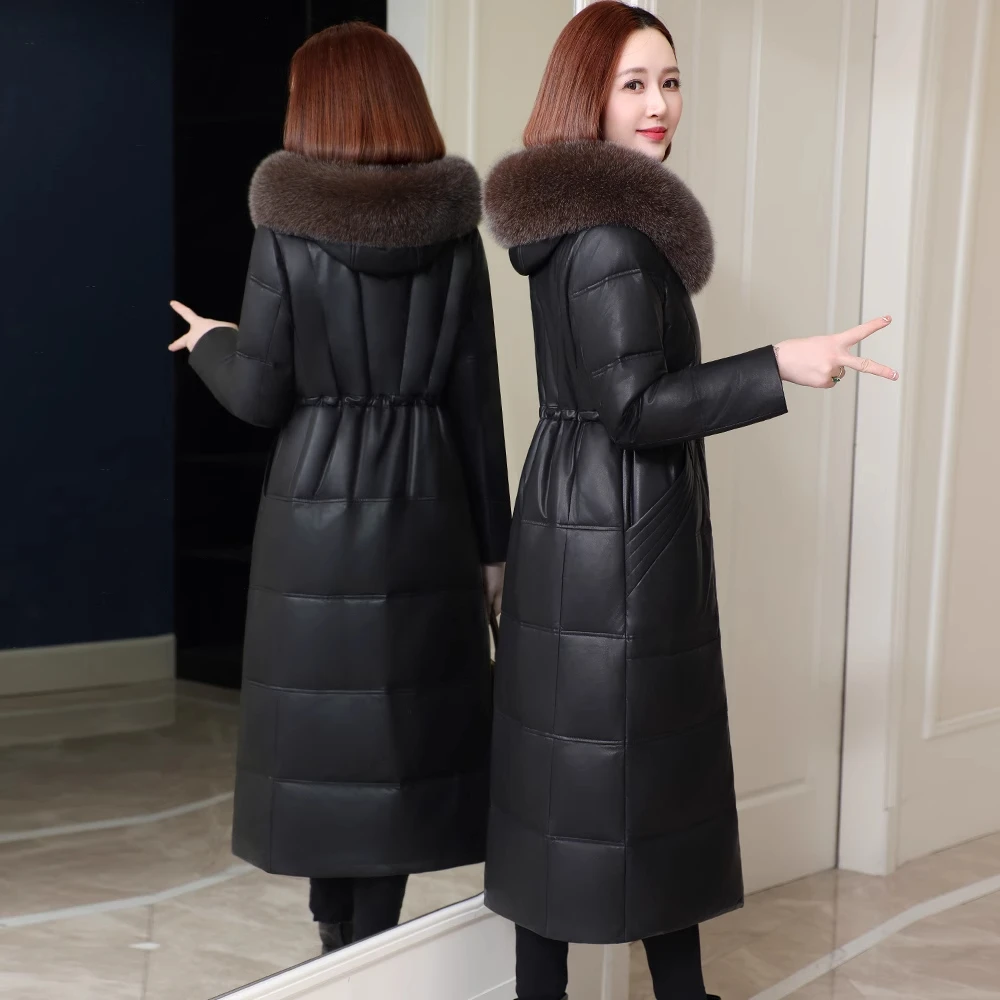 真皮皮衣女2025冬新款狐狸毛领绵羊皮妈妈羽绒服过膝超长款外套女