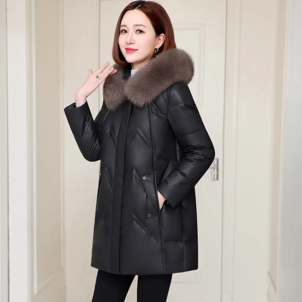 2025冬季新款海宁休闲真皮皮衣妈妈中长款绵羊皮羽绒服女皮草外套