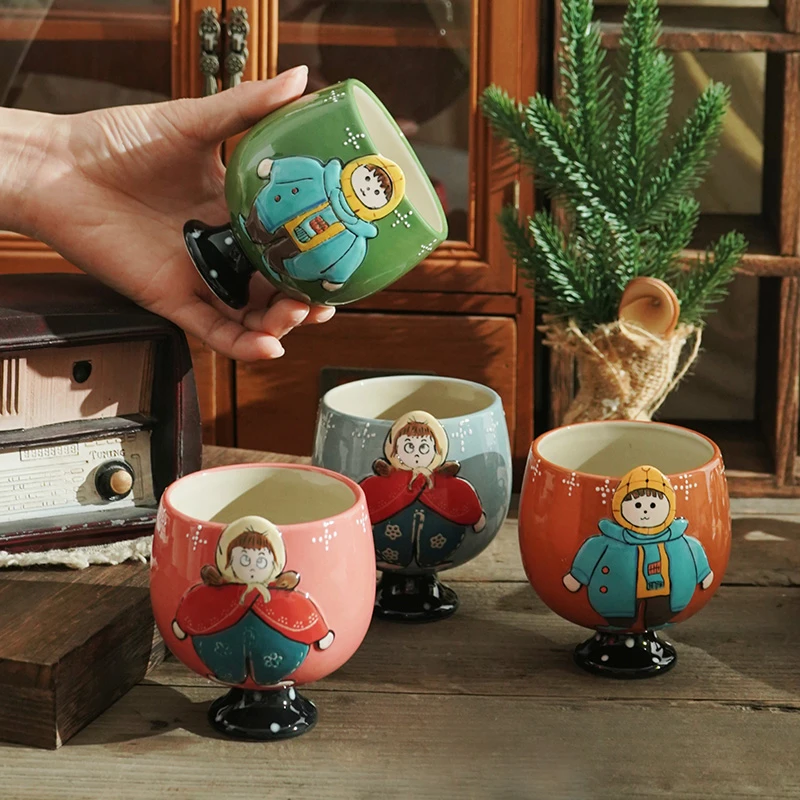 情侣手绘牛奶杯创意甜品杯陶瓷手工冰淇淋杯日式复古少女卡通轻奢