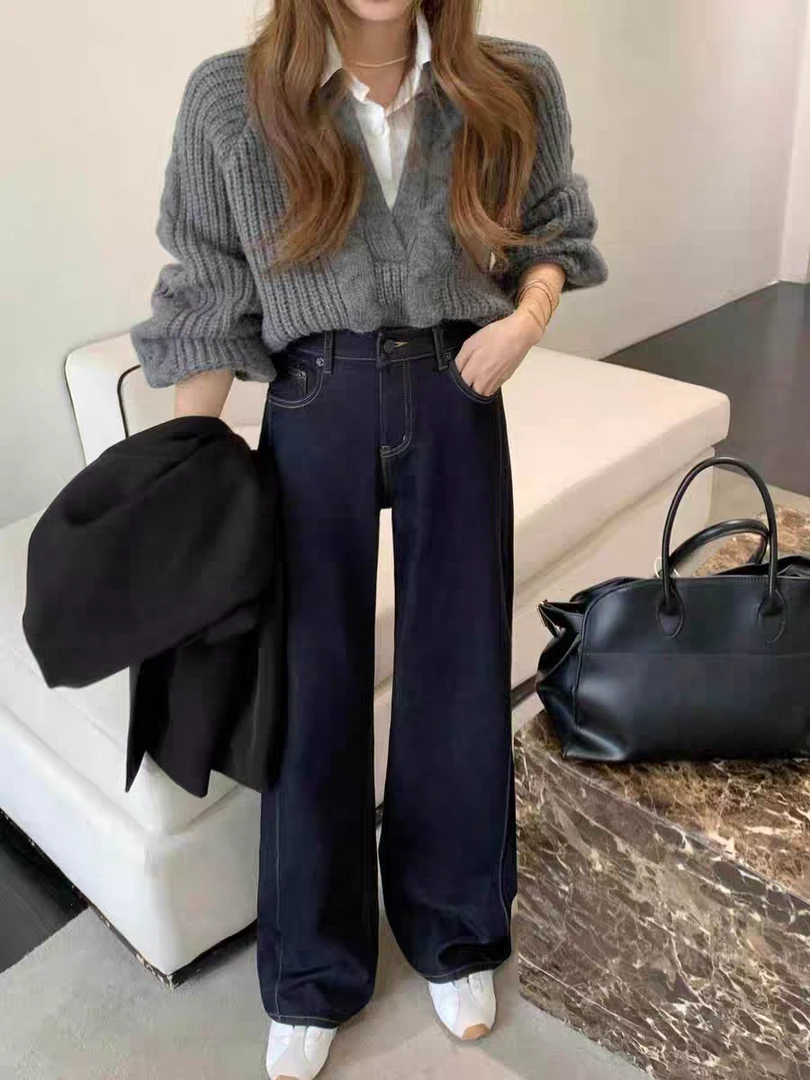 韩国三衣Boyiyiyi剪标微瑕冬加绒抓毛弹力直筒阔腿牛仔裤63767-1