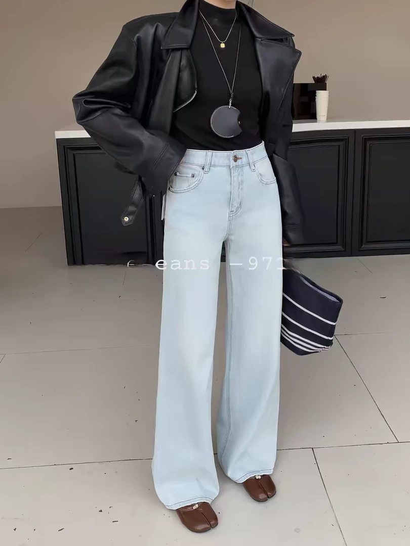 Boyiyiyi2025春新牛仔裤女剪标窄版阔腿裤高腰四面弹拖地裤97167