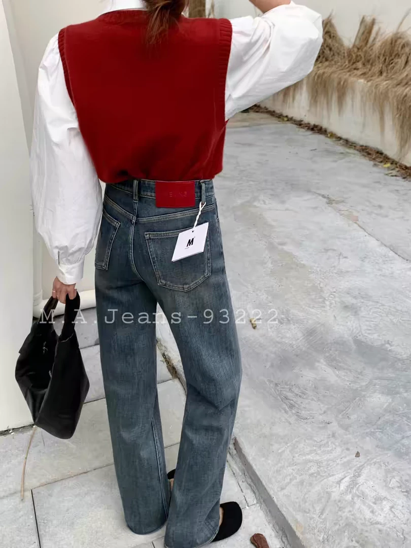 MA牛仔裤女剪标微瑕冬加绒四面弹窄版阔腿复古色直筒裤长裤93253