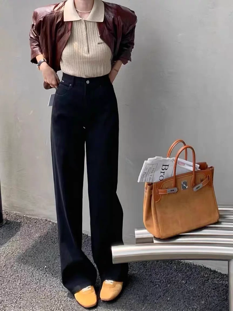 Boyiyiyi加绒牛仔裤女冬剪标黑色显瘦直筒裤松紧腰阔腿裤61552-1