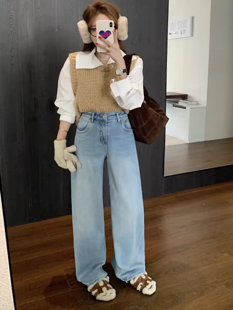 Boyiyiyi牛仔裤女剪标微瑕薄绒去浅色四面弹直筒千金阔腿裤63758