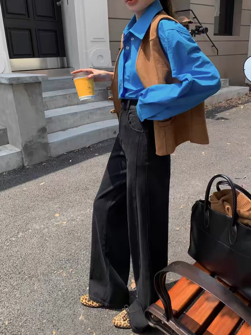 Boyiyiyi阔腿牛仔裤女剪标微瑕秋季新款高腰黑色拖地长裤63723-3