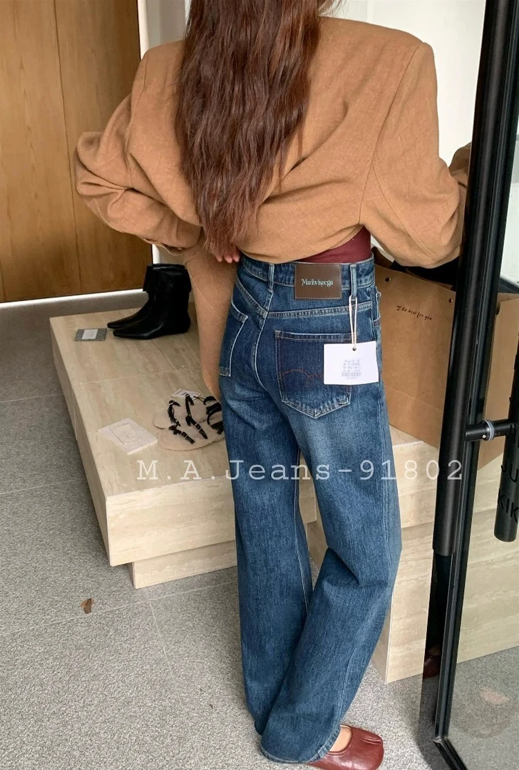 91802剪标微瑕韩系M家牛仔裤女春游高腰窄版阔腿裤四面弹直筒长裤
