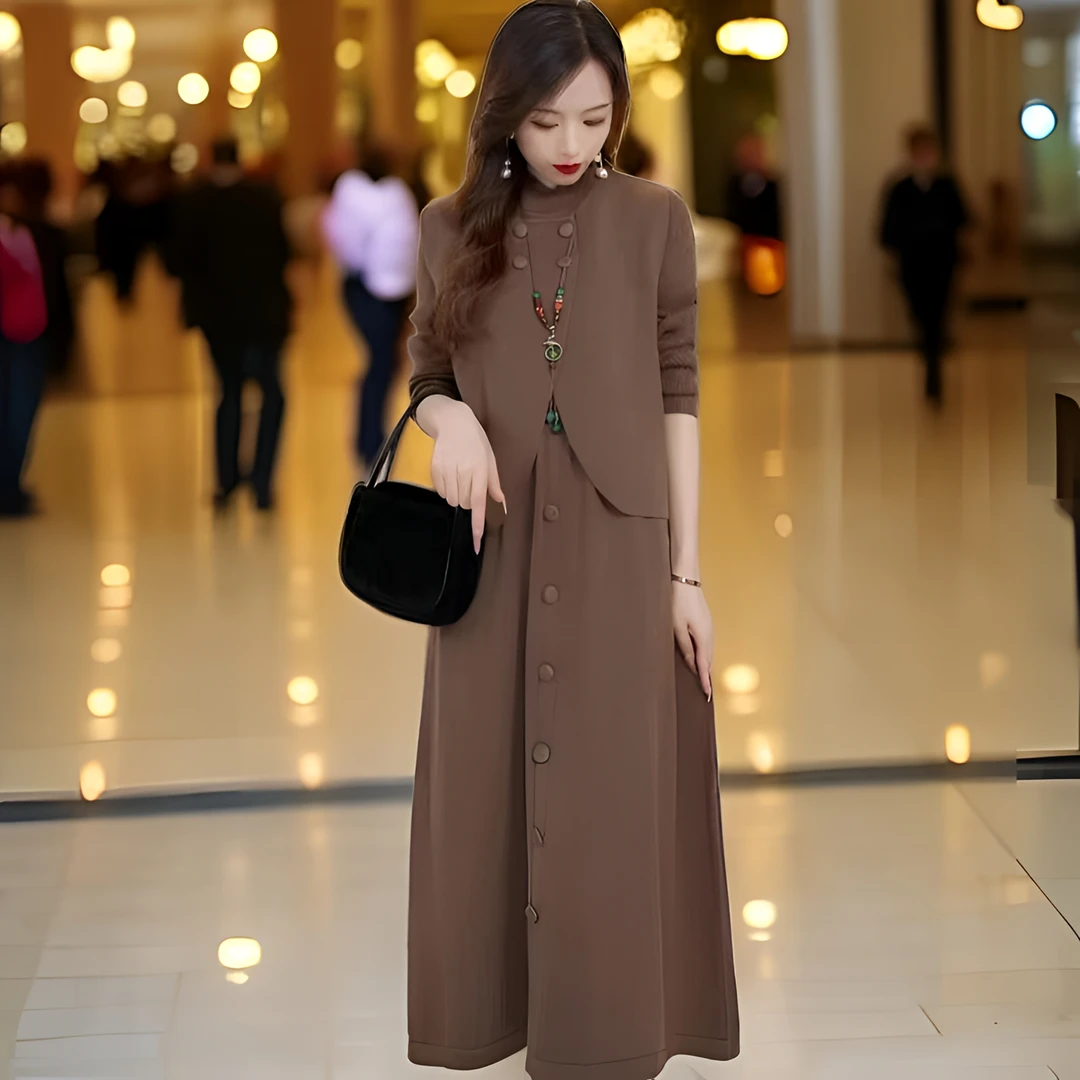 新款国风秋冬2025套装新中式大码春秋显瘦针织马甲连衣裙加厚套装