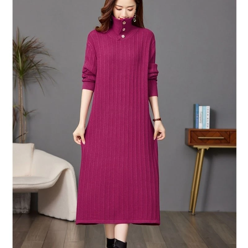 过膝码长大女新加厚新款衣裙宽松翻领针织中式连衣裙轻奢款针织衫