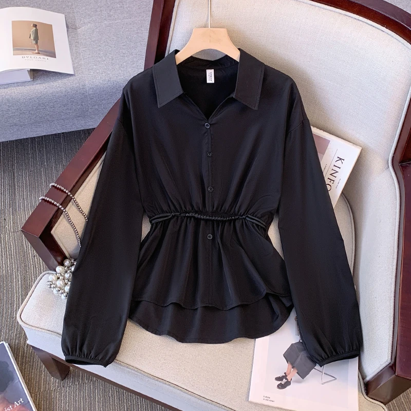 大码衬衫新中式收腰衬衣女装显瘦遮肚时尚胖妹妹气质翻领新款长款