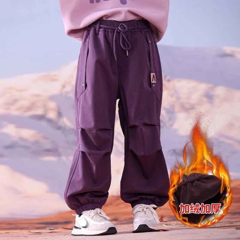 女童秋装女童裤子春秋韩版儿童工装裤运动中大童冬款加绒加厚长裤