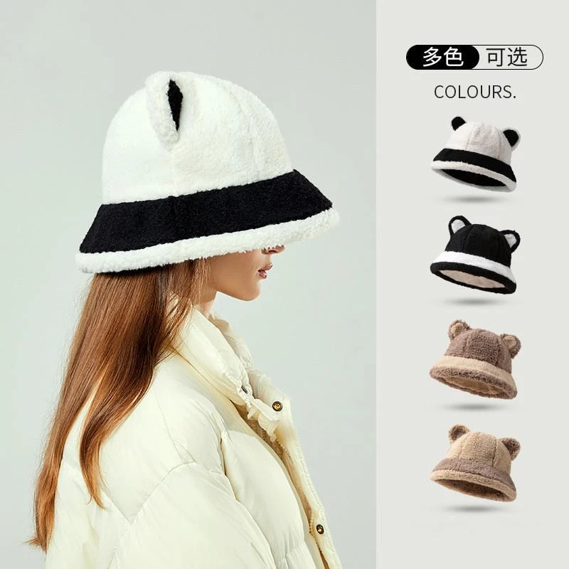 小熊耳朵帽子女生冬季熊猫毛毛渔夫帽保暖冬天护耳毛绒盆帽显脸小