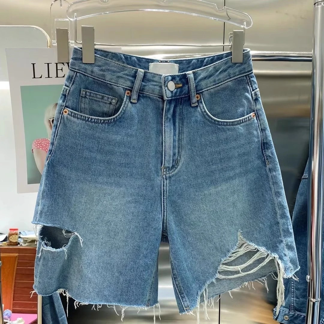 2025夏新款破洞不规则毛边牛仔短裤女韩版高腰宽松显瘦直筒五分裤