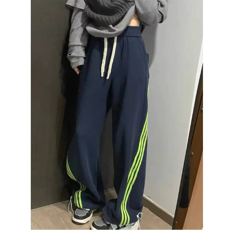 美式复古潮流休闲卫裤女大码高腰胖mm宽松显瘦抽绳束脚阔腿运动裤