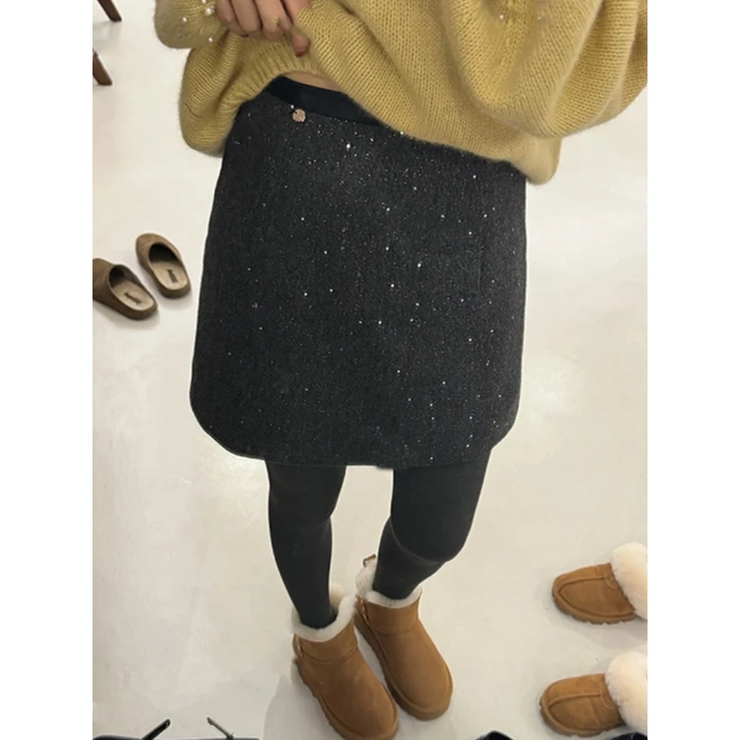 小香风黑色高腰气质亮片半身裙女秋冬防走光显瘦百搭a字包臀短裙