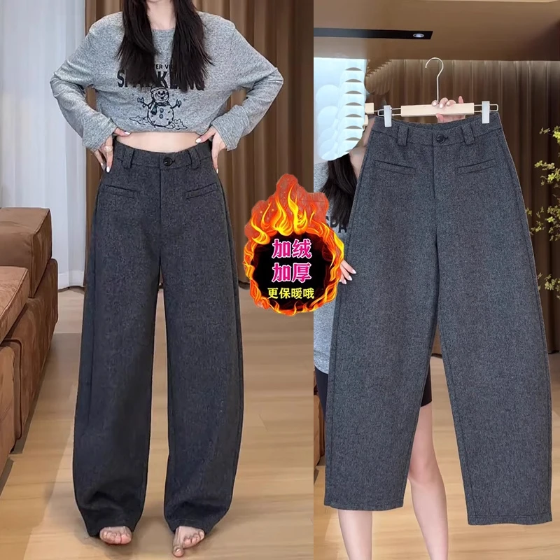 欧洲站复古毛呢裤女冬季爆款大码梨形身材显瘦加绒加厚直筒弯刀裤