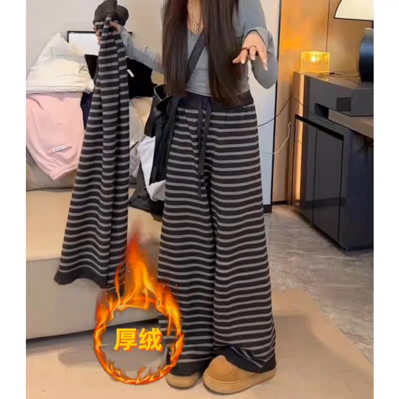 复古松弛感撞色条纹阔腿裤女冬季加绒厚实保暖高腰宽松显瘦拖地裤