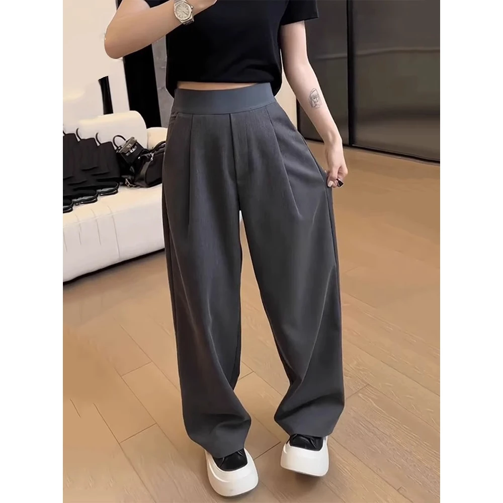 大码弯刀高腰西装裤女春秋梨形身材松紧腰垂感宽松显瘦裤子阔腿裤