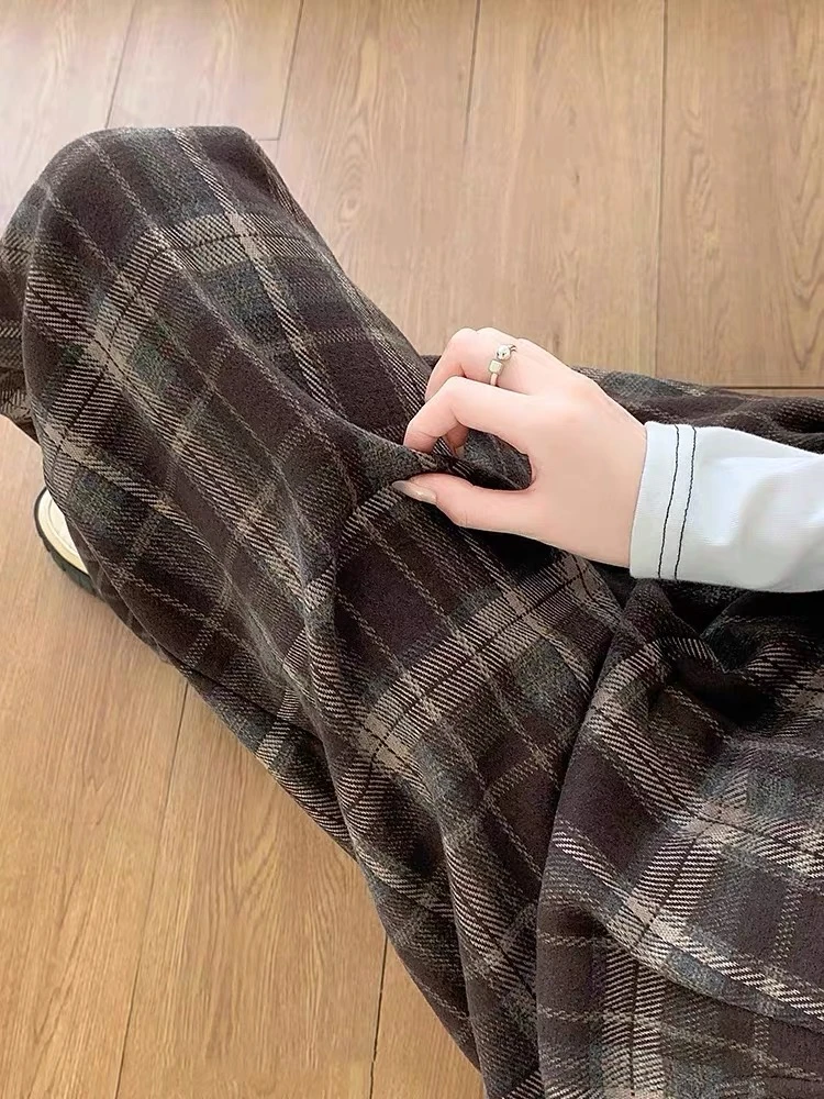 加绒裤子女秋冬大码胖mm松紧腰显瘦阔腿裤加厚保暖毛呢休闲格子裤