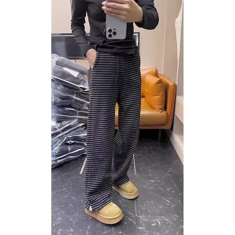 大码女装胖妹妹mm加绒抽绳条纹阔腿秋冬高腰宽松显瘦休闲裤200斤