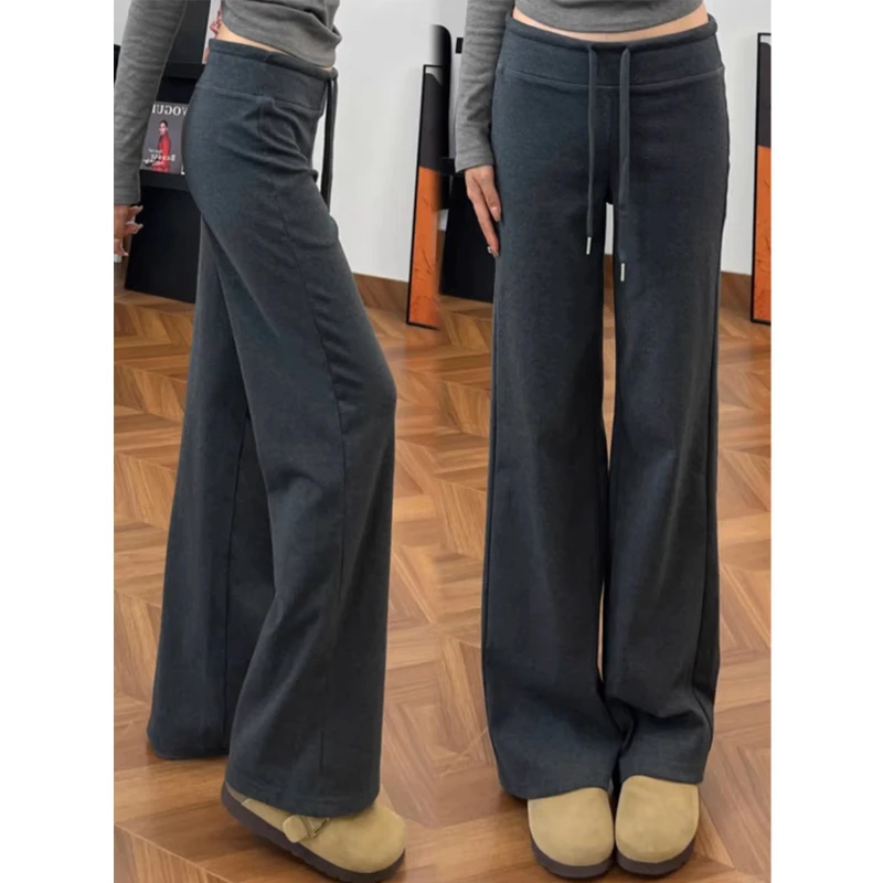 深灰色微喇叭休闲运动裤女秋冬新款胖mm高腰显瘦梨形身材直筒卫裤