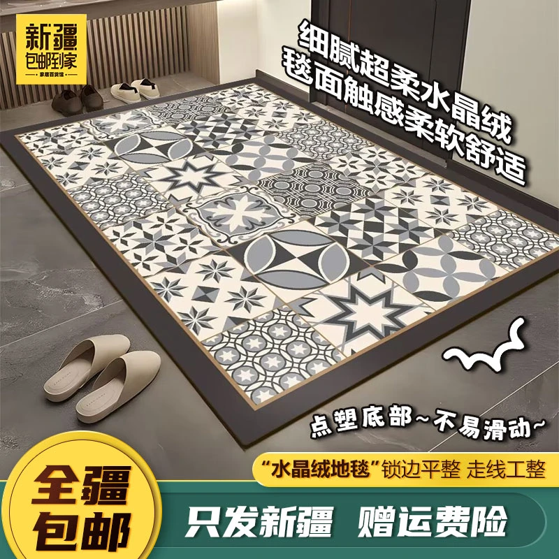 新疆包邮-轻奢水晶绒地毯入户门垫耐脏家用玄关脚垫防滑垫