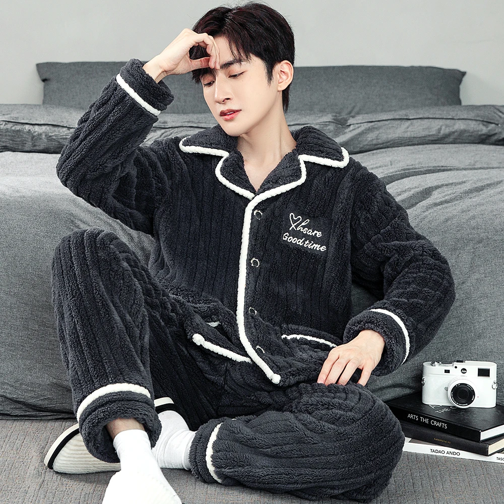 睡衣男士秋冬季珊瑚绒家居服加绒加厚法兰绒套装开衫冬天保暖冬装