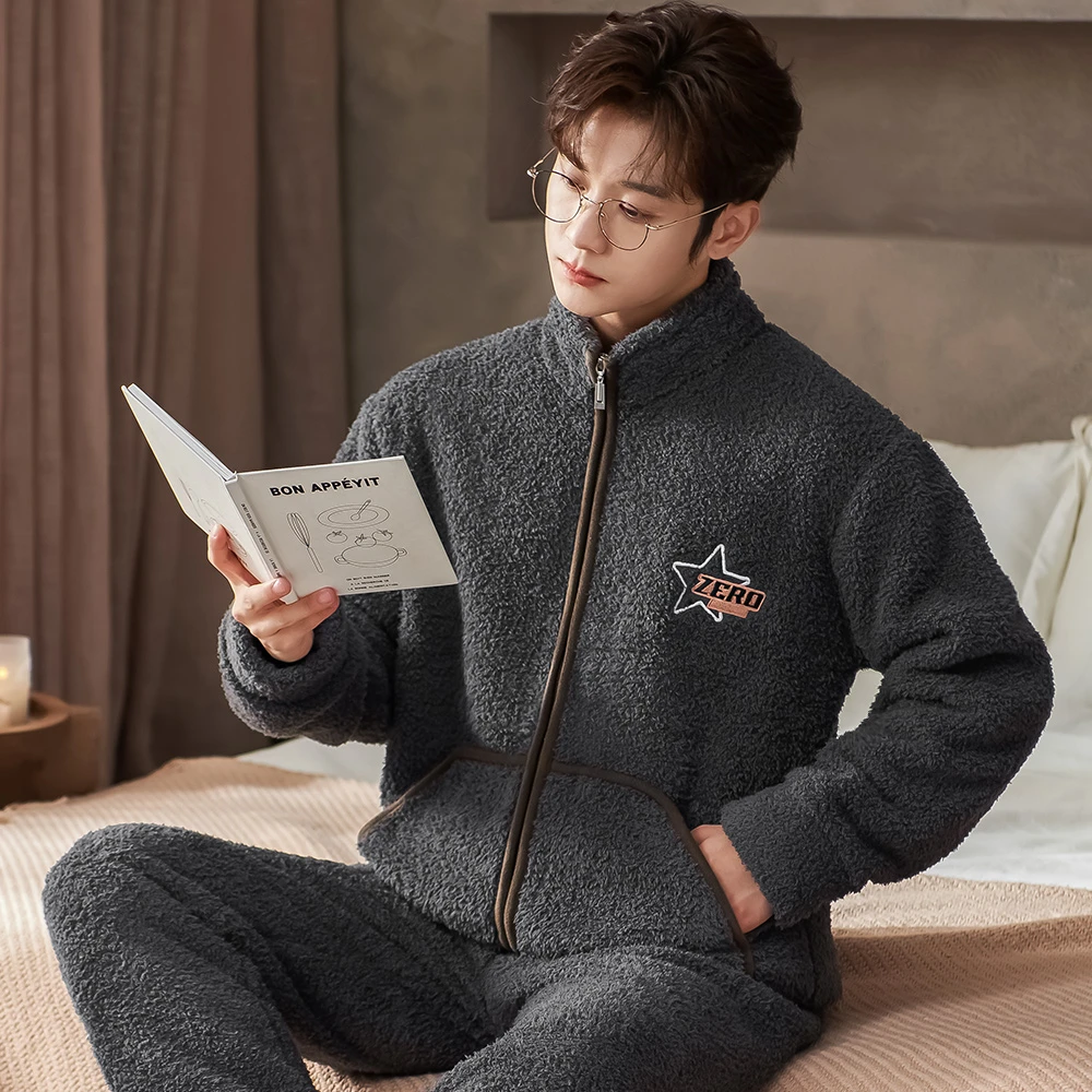 睡衣男秋冬加厚加绒法兰绒套装珊瑚绒家居服开衫拉链大码保暖冬装
