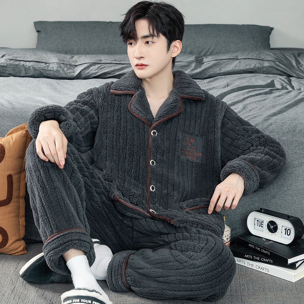 睡衣男士秋冬季法兰绒加绒加厚珊瑚绒家居服开衫冬装保暖冬天套装