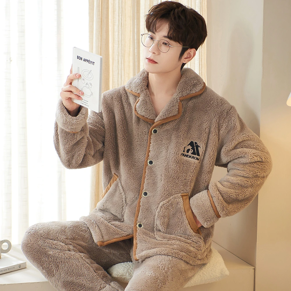 睡衣男秋冬天季加厚法兰绒套装珊瑚绒家居服加绒开衫大码保暖冬装