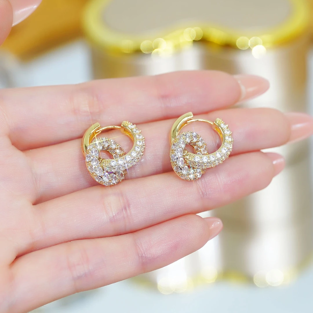 合金合成锆石耳饰 金色满锆环环相扣玫ins不掉色耳环温柔气质精致