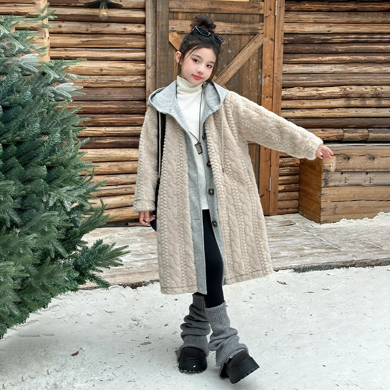 女童羊羔绒外套秋冬款皮毛一体假两件网红炸街加厚保暖中长款大衣