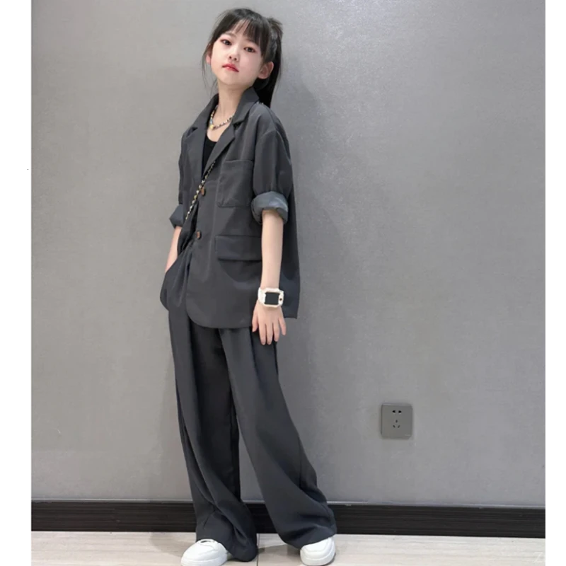 时髦2025韩系春季西服套装春秋女童休闲两件套宽松儿童新款女大童