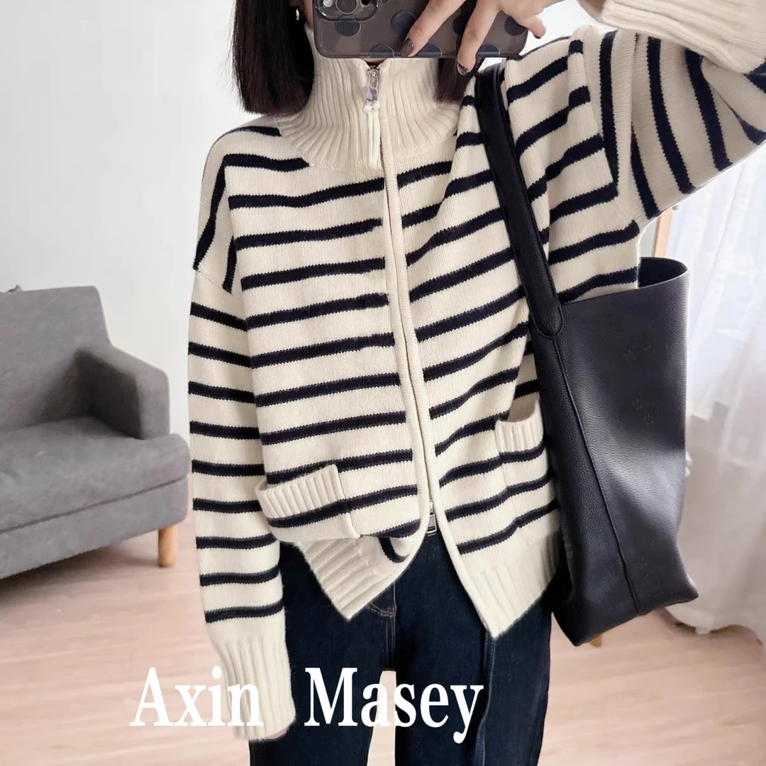 阿欣家~牧缇 双拉链加厚慵懒风条纹针织衫开衫女Z00718