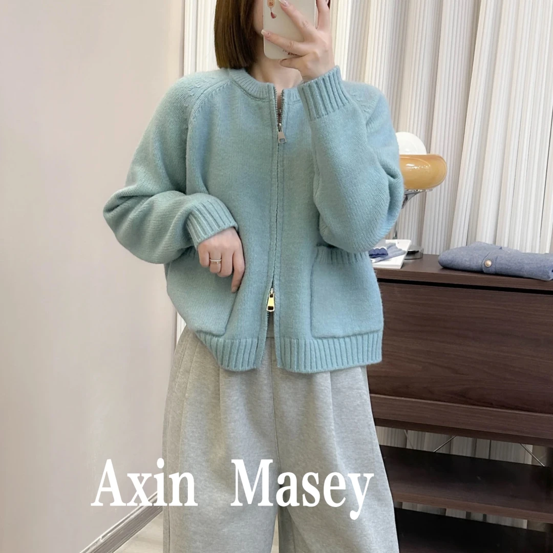 阿欣家~紫蓝双拉链 休闲时尚女士秋冬新款显瘦针织衫上衣Z00877