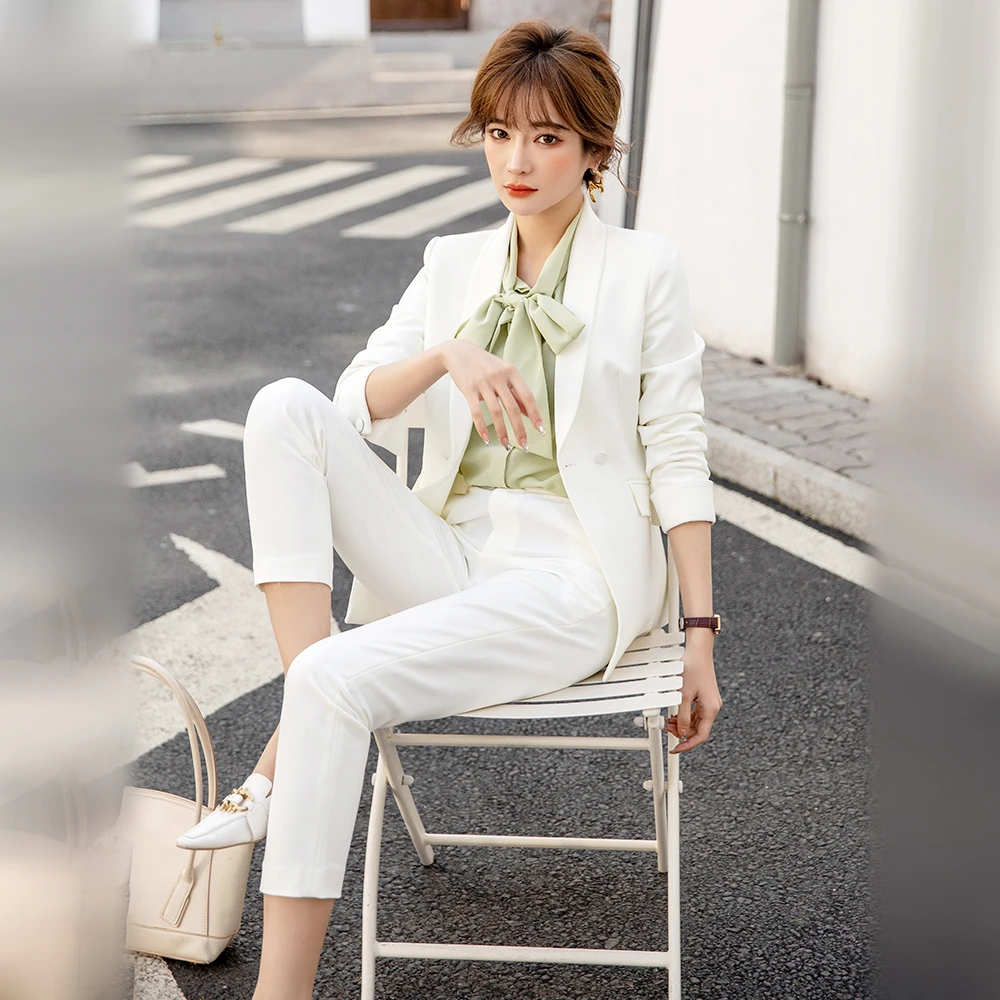 9171女神范职业套装女秋季新款白色西装两件套收腰显瘦质感西服女