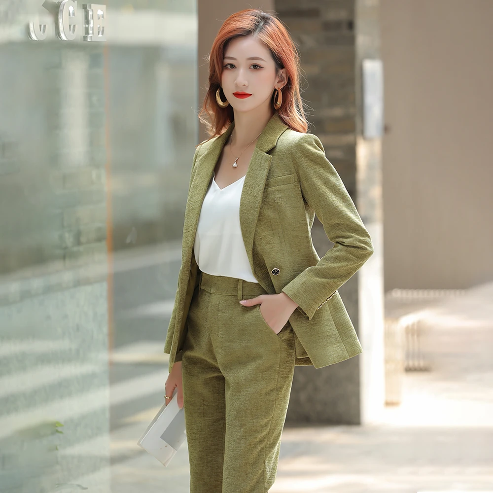 9535绿色西装收腰显瘦秋冬新款高端职业西服两件套通勤套装女