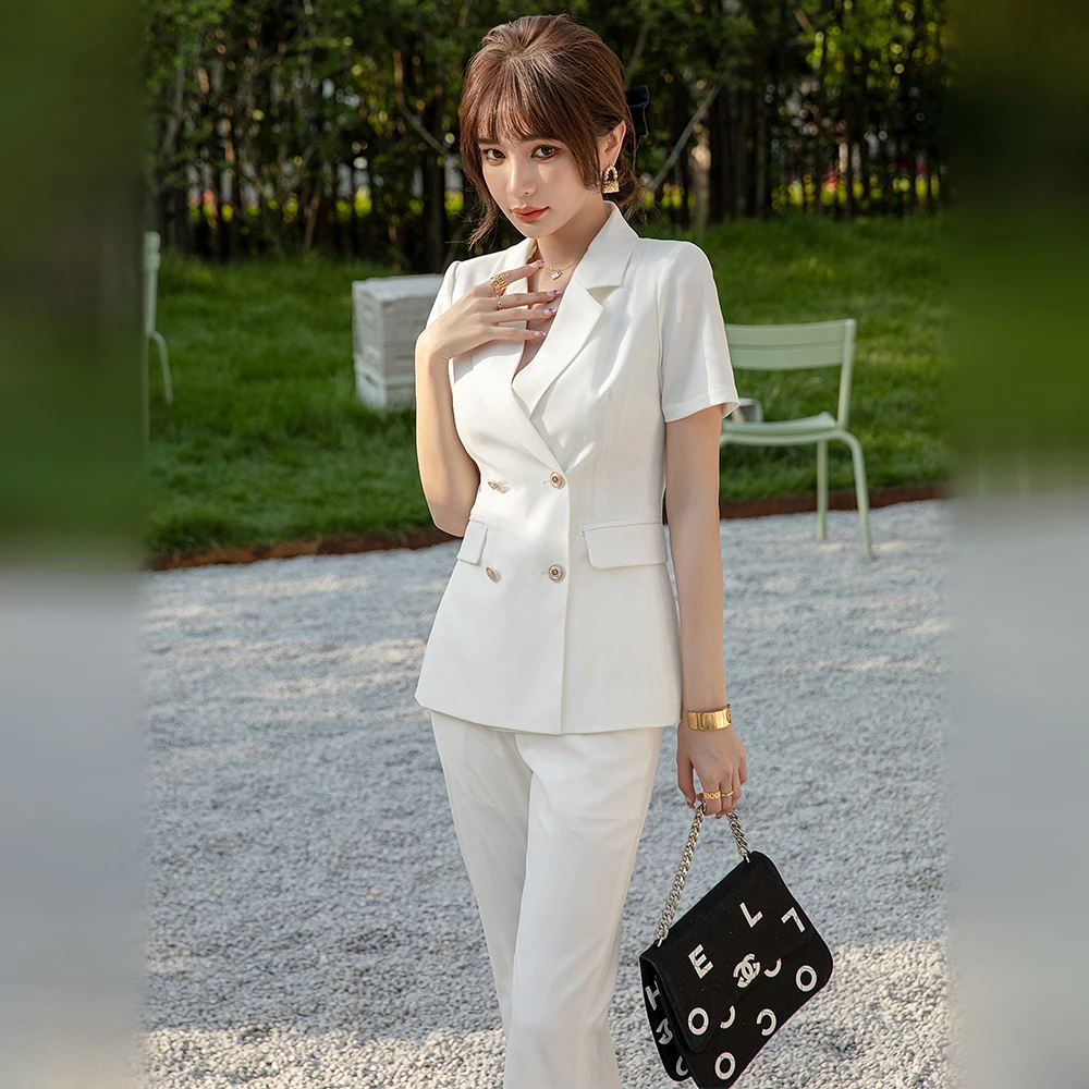 9372白色短袖西装女新款简约气质高级质感两件套薄款显瘦职业套装