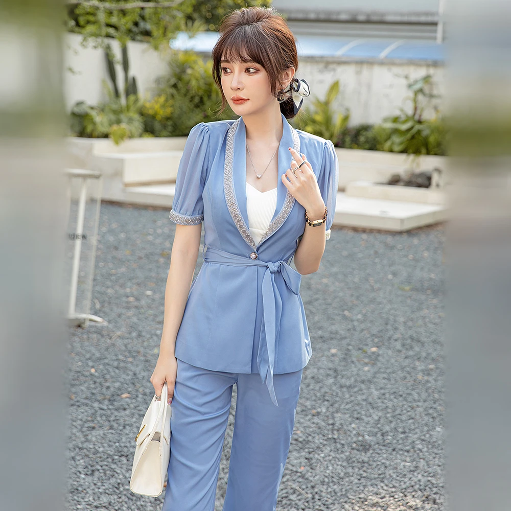 9375高级感夏季薄款浅蓝色拼接西装阔腿裤女设计感名媛职业西服女