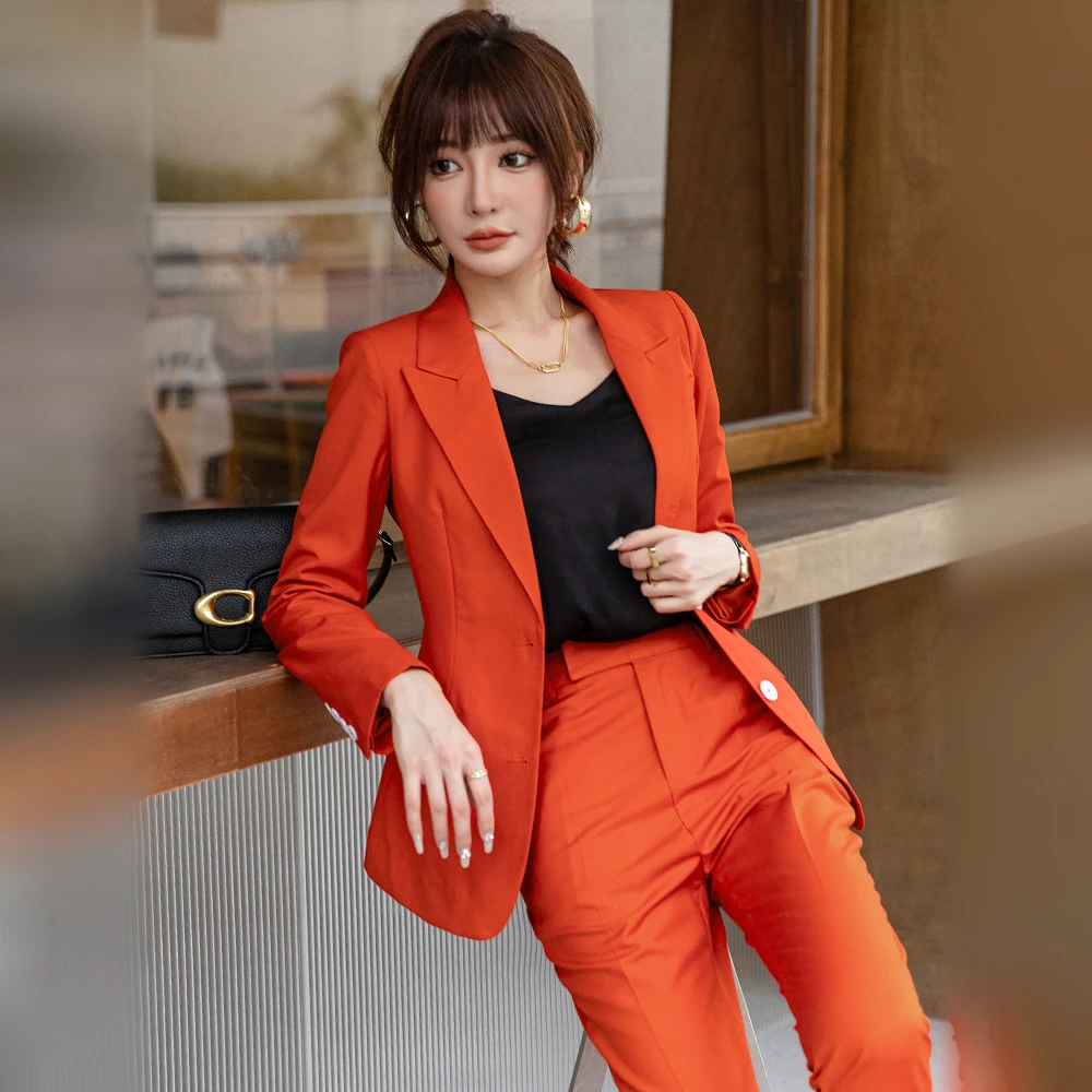 9391秋季新款橙色西装英伦风网红炸街网红小西服OL收腰显瘦两件套