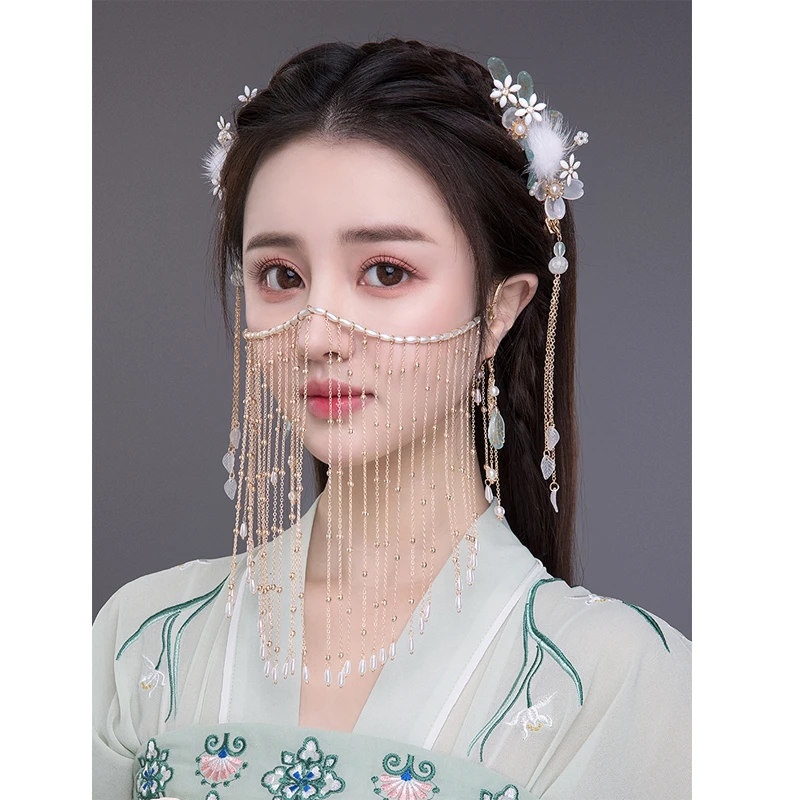 汉服头饰女面帘古风遮脸流苏面纱古代唐朝古典舞发饰全套古装配饰