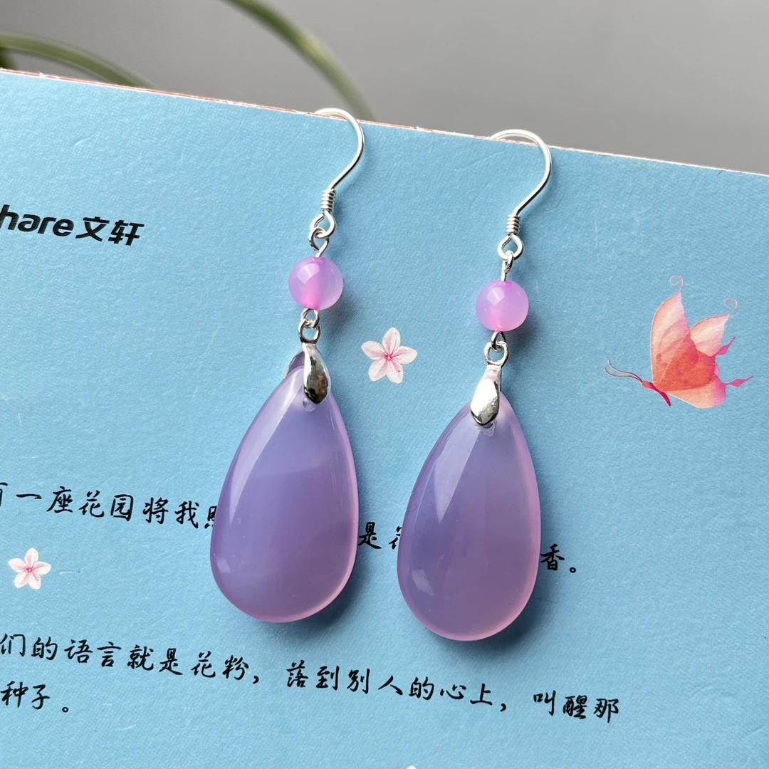 天然珠宝玉石粉色玛瑙水滴s925纯银耳钩耳饰