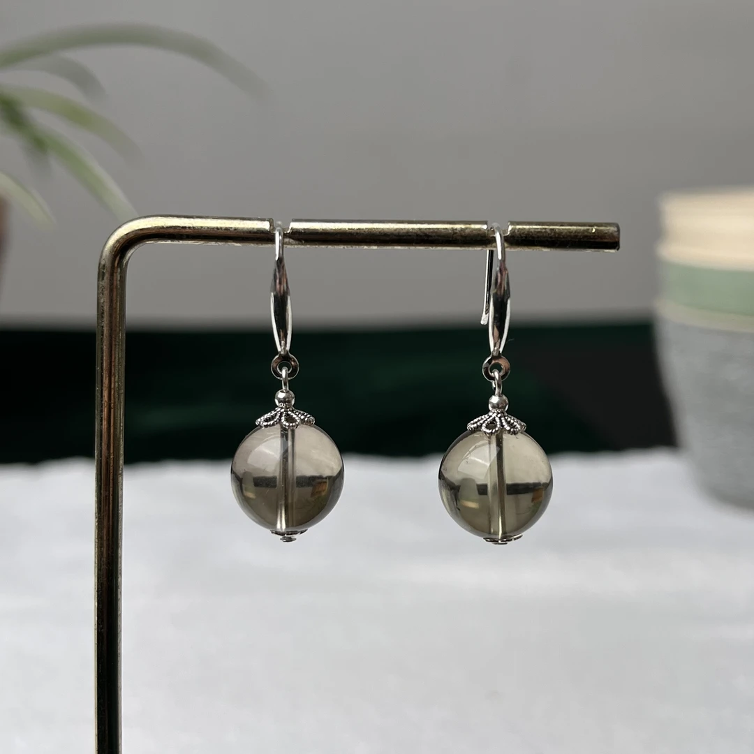 天然珠宝玉石天然水晶（茶色）卡12㎜耳坠s925银耳钩耳饰简约