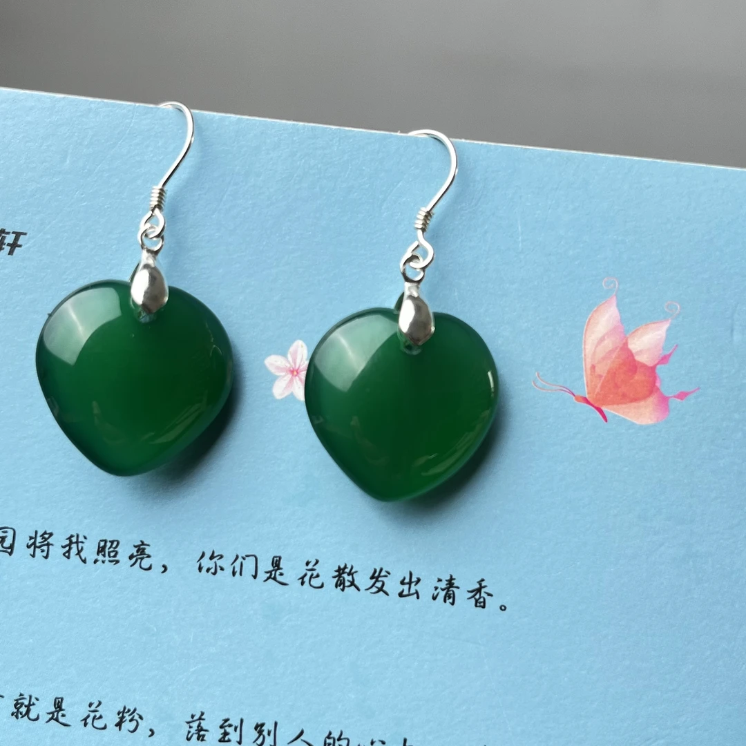 天然珠宝玉石绿玛瑙（心心相印）s925纯银耳钩耳饰